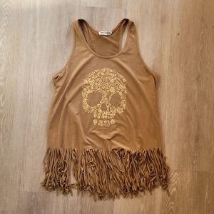 Faux Suede Tan Tank Top with Fringe & Gold Floral Skull